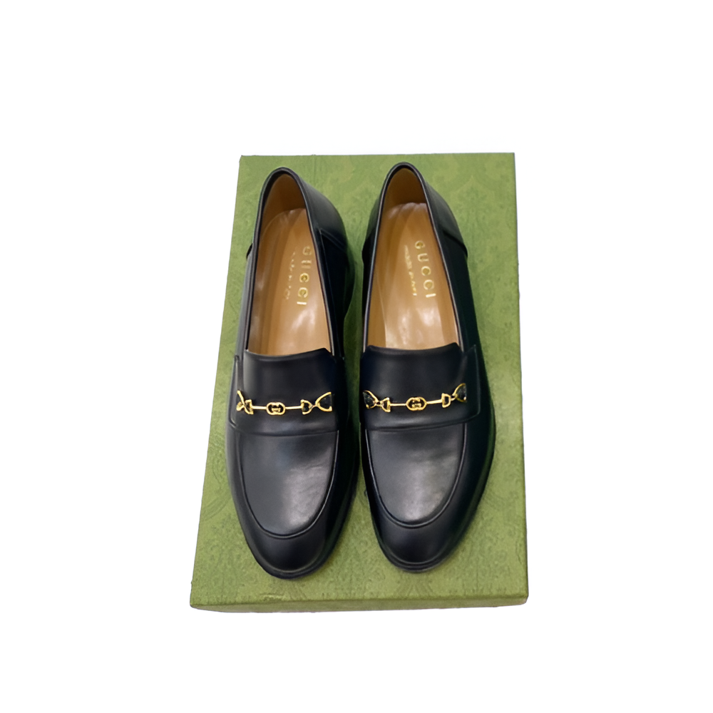 Gucci Women's Black Loafers with Gold Chain Detail
