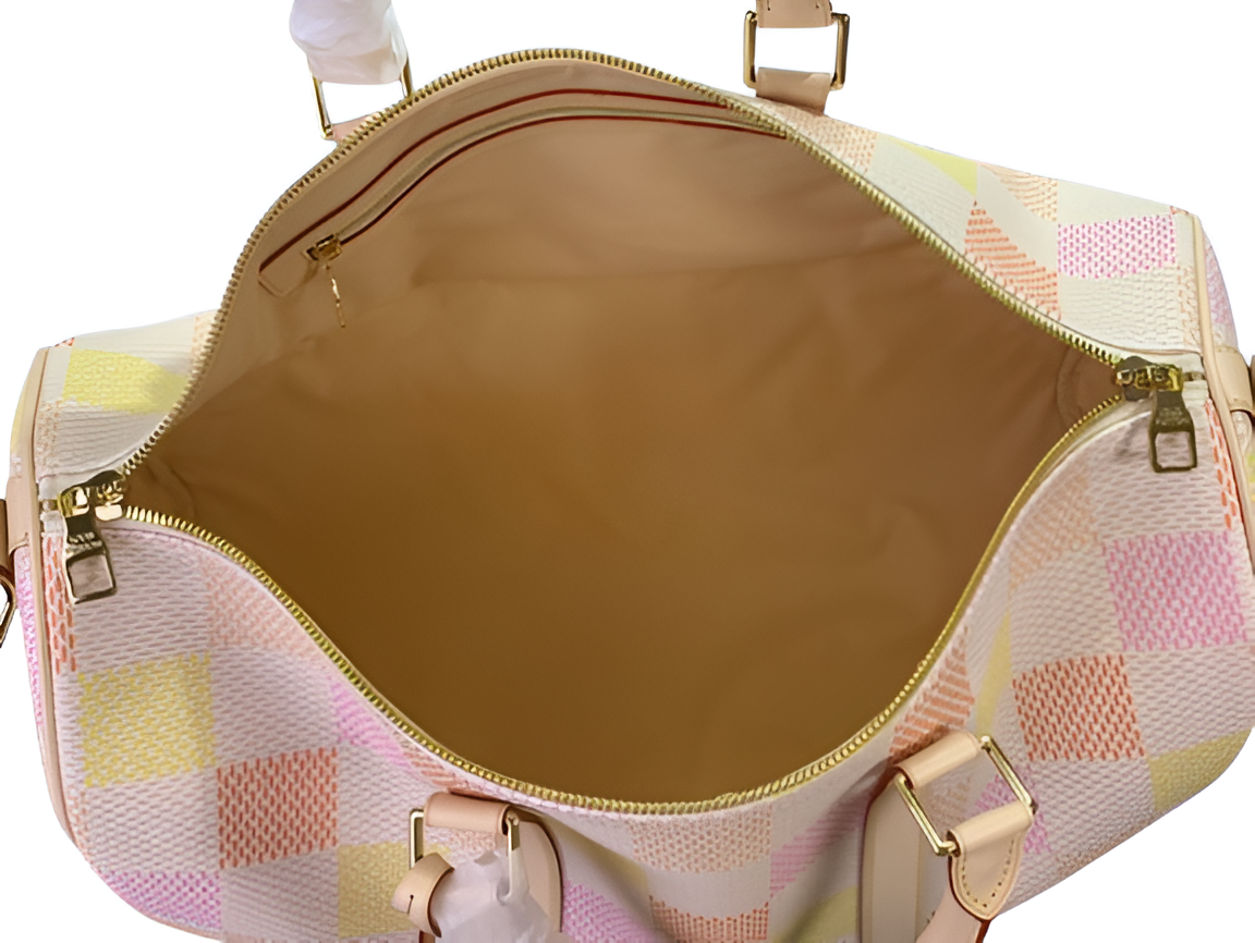 Louis Vuitton-inspired pastel checkerboard duffel bag