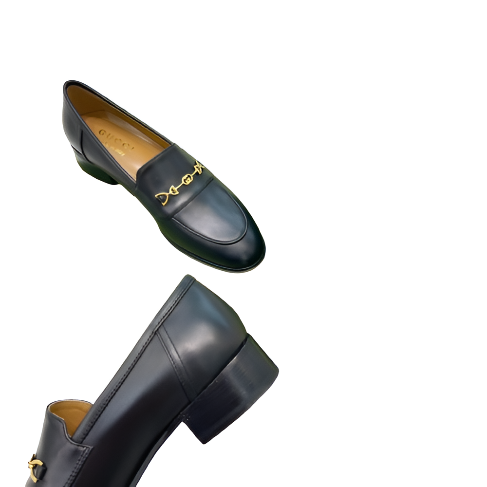 Gucci Women's Black Loafers with Gold Chain Detail