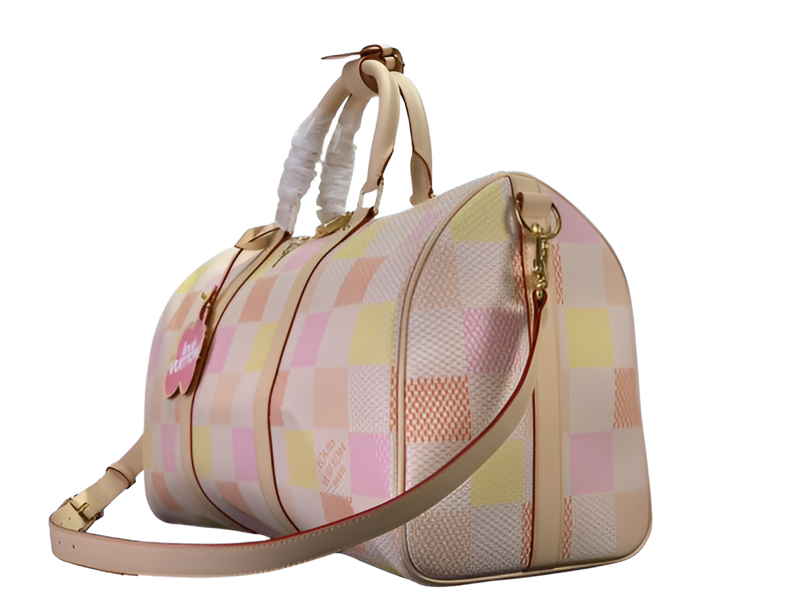 Louis Vuitton-inspired pastel checkerboard duffel bag