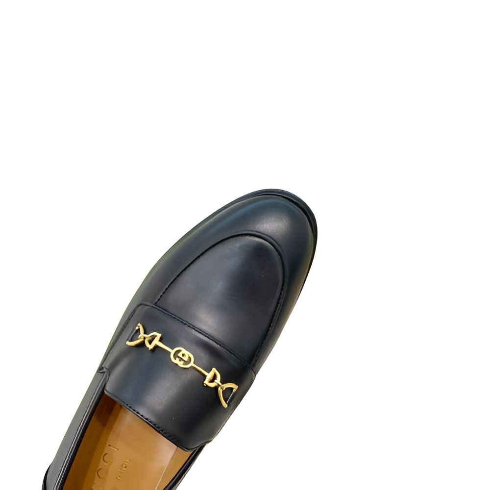 Gucci Women's Black Loafers with Gold Chain Detail