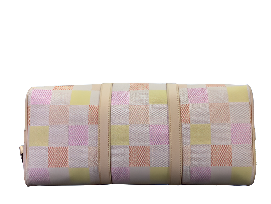 Louis Vuitton-inspired pastel checkerboard duffel bag
