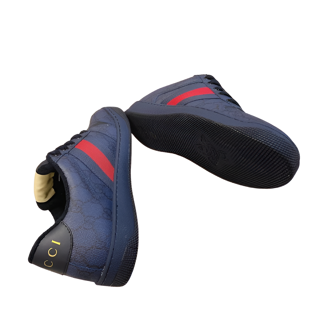 GUCCI Men's Navy Monogram Sneakers with Red and Green Stripe