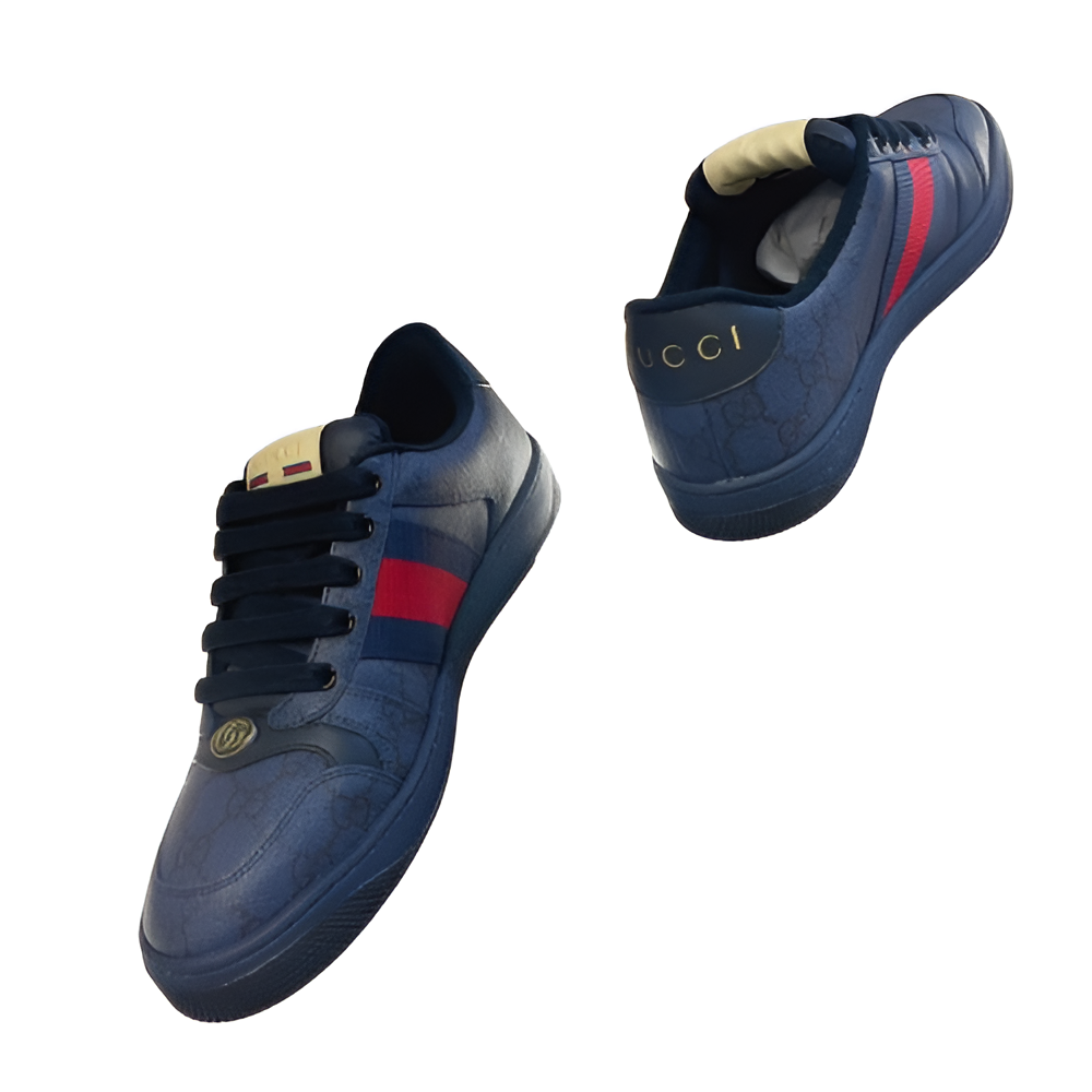 GUCCI Men's Navy Monogram Sneakers with Red and Green Stripe