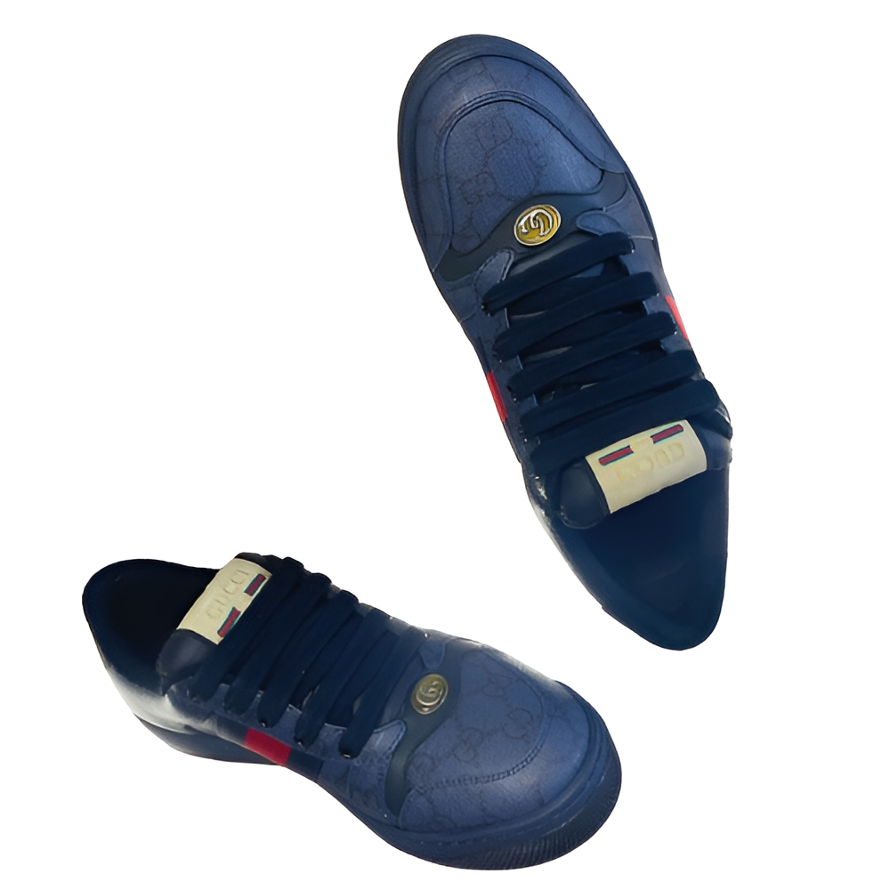 GUCCI Men's Navy Monogram Sneakers with Red and Green Stripe
