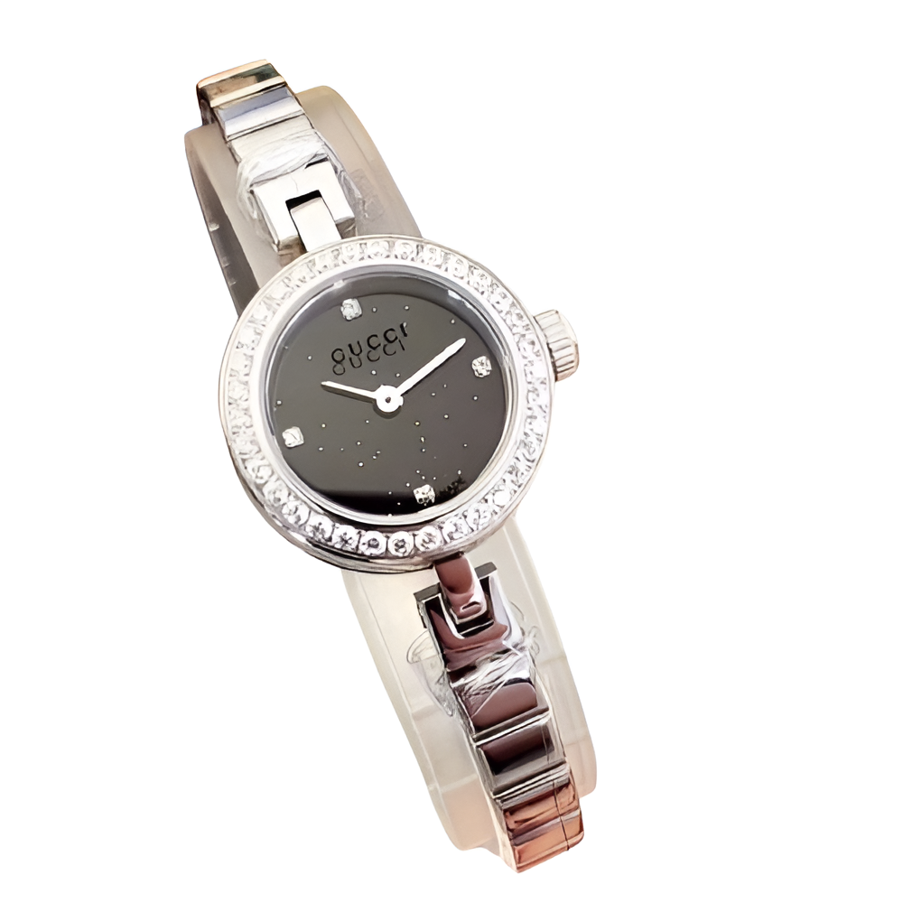 Gucci Black Dial Diamond Bezel Watch - Silver Tone