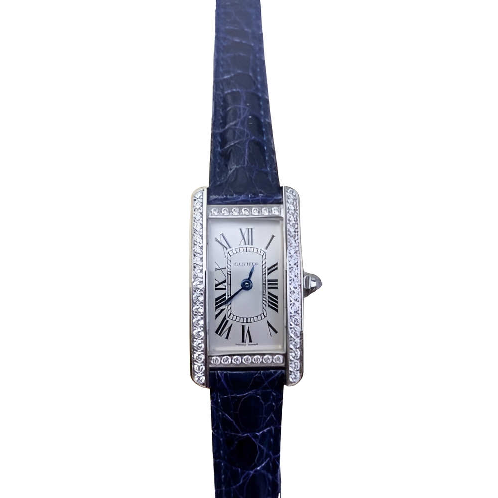 Cartier Tank Américaine Diamond Bezel with Blue Leather Strap