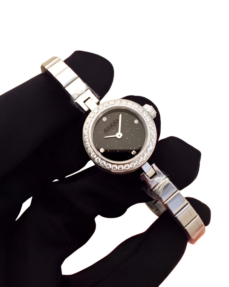 Gucci Black Dial Diamond Bezel Watch - Silver Tone