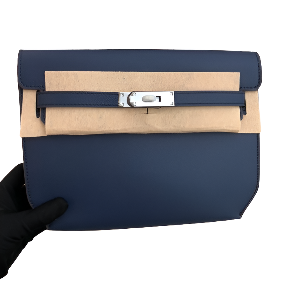 Hermes Navy Blue Leather Clutch with Wrist Strap