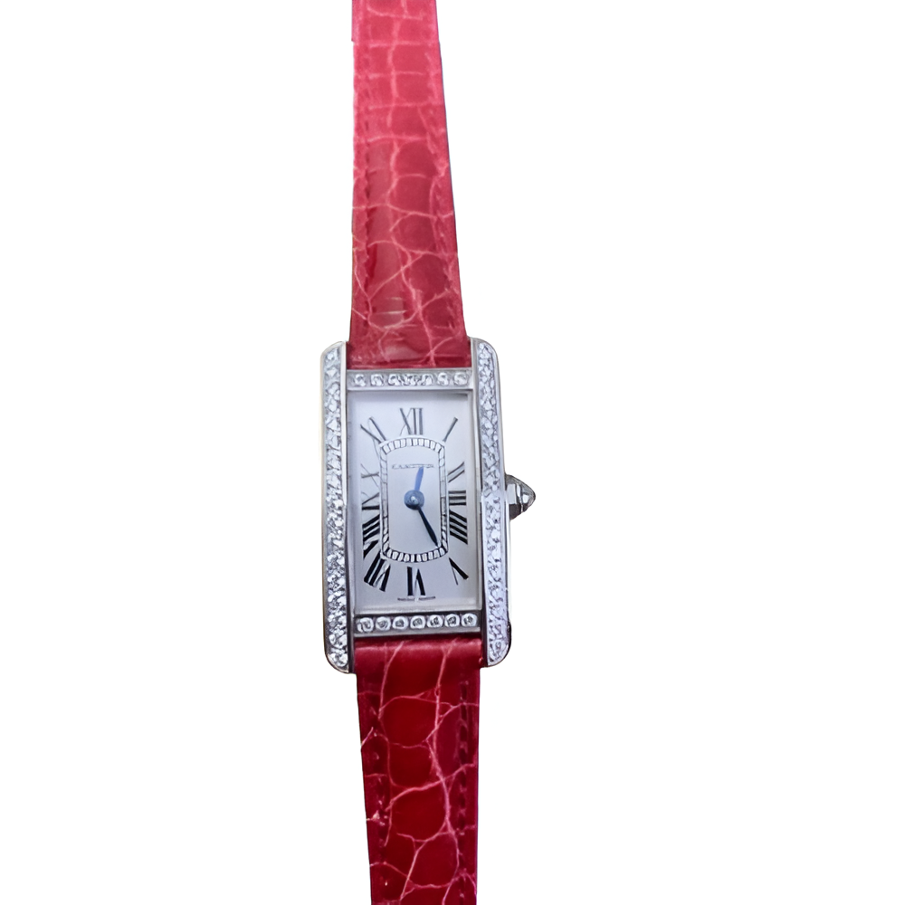 Cartier Tank Américaine Diamond Bezel with Red Leather Strap