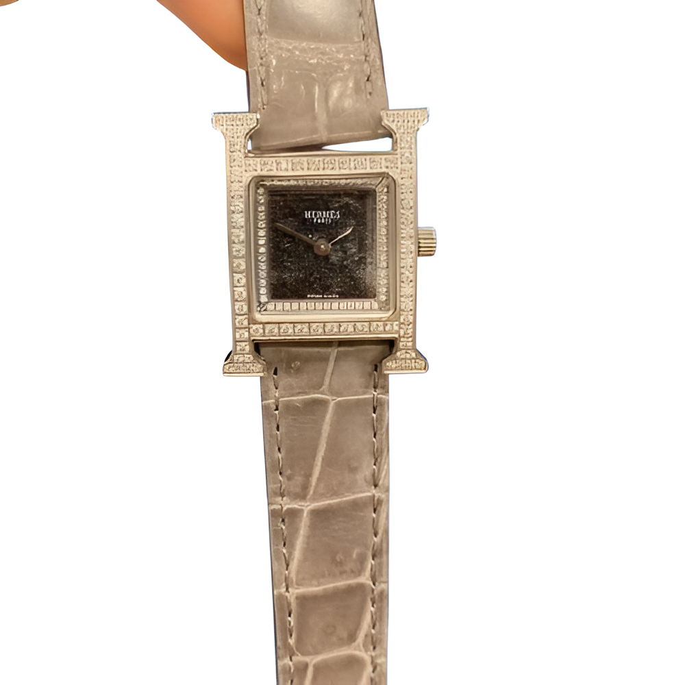 HERMÈS Grey Croc-Embossed Diamond Watch