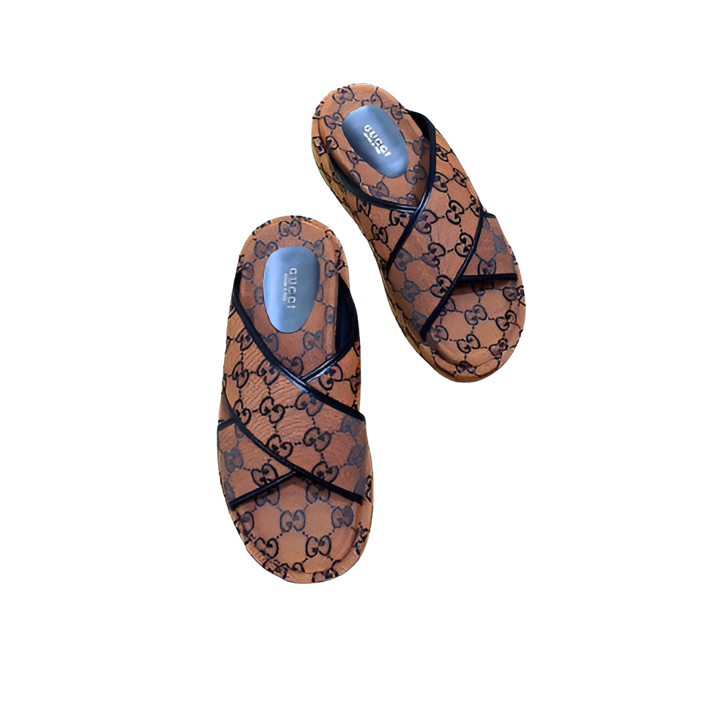 Gucci Monogram Brown Crisscross Men's Slides