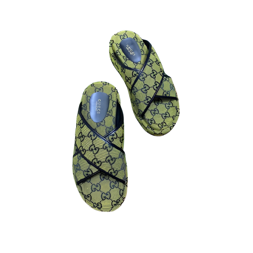 Gucci Monogram Green Crisscross Men's Slides