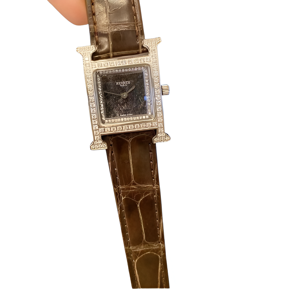 HERMÈS Grey Croc-Embossed Diamond Watch