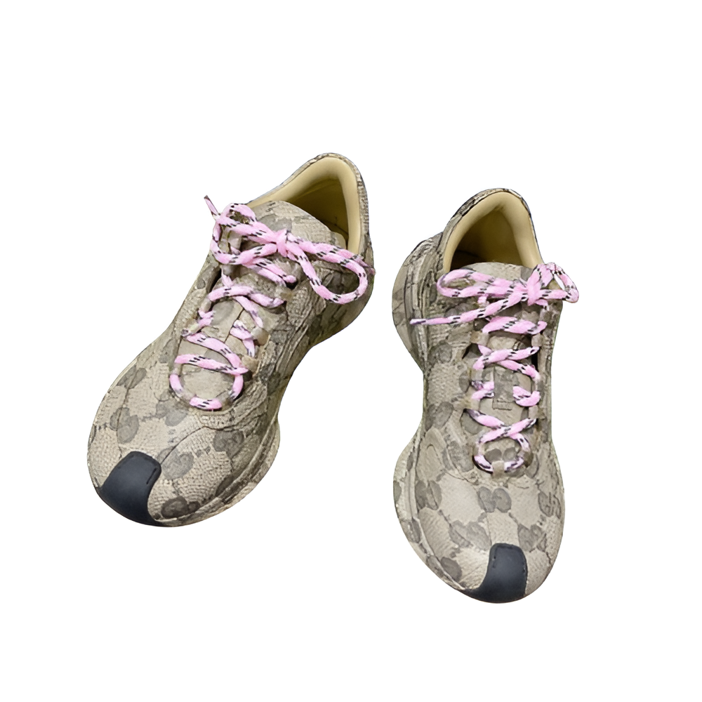 GUCCI Men's Beige Monogram Sneakers with Pink Laces