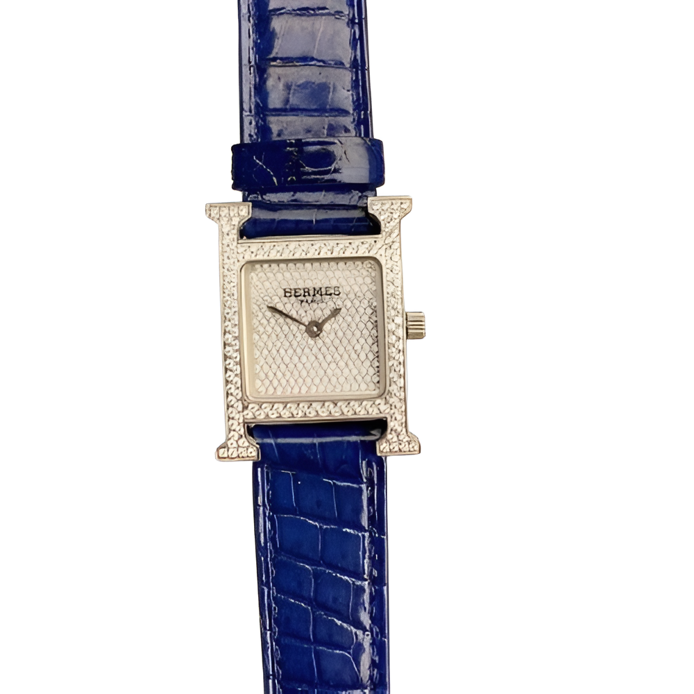 HERMÈS Blue Croc-Embossed Diamond Watch