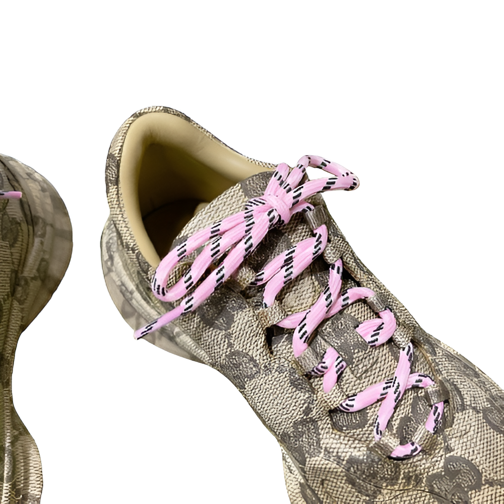 GUCCI Men's Beige Monogram Sneakers with Pink Laces