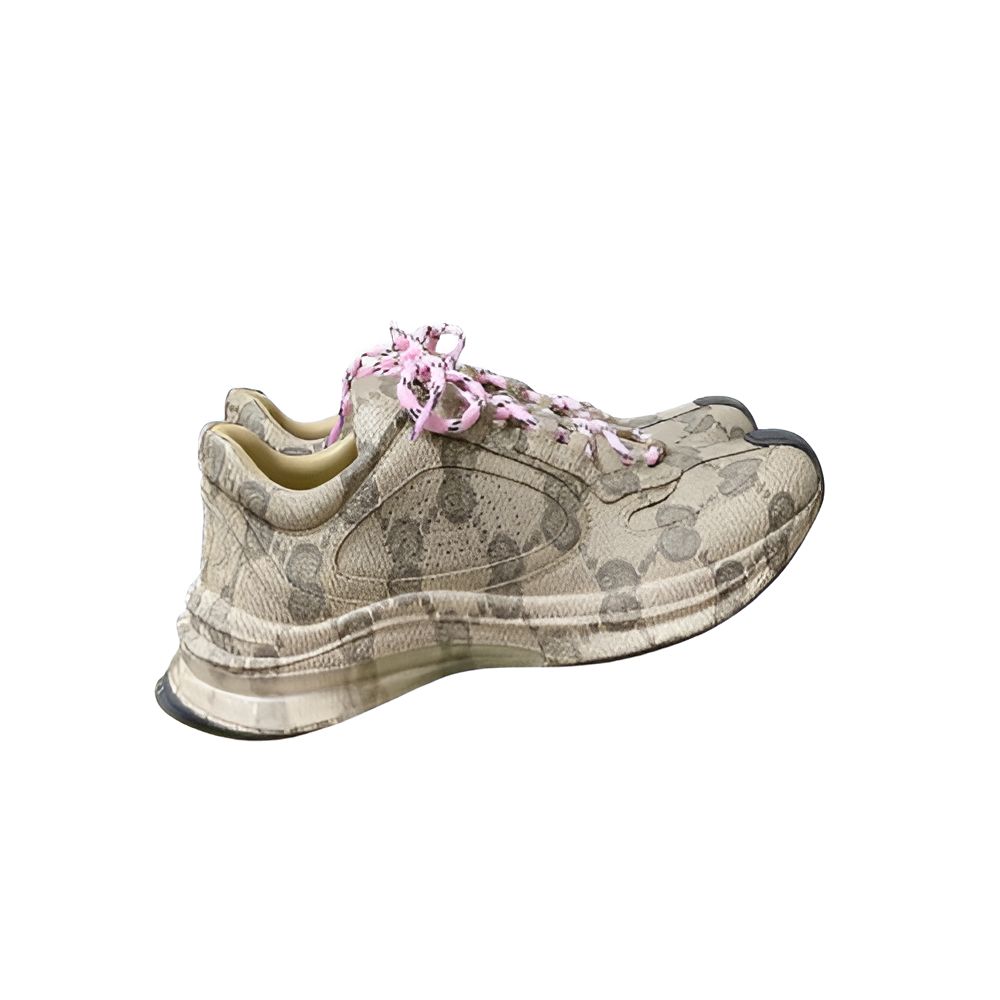 GUCCI Men's Beige Monogram Sneakers with Pink Laces