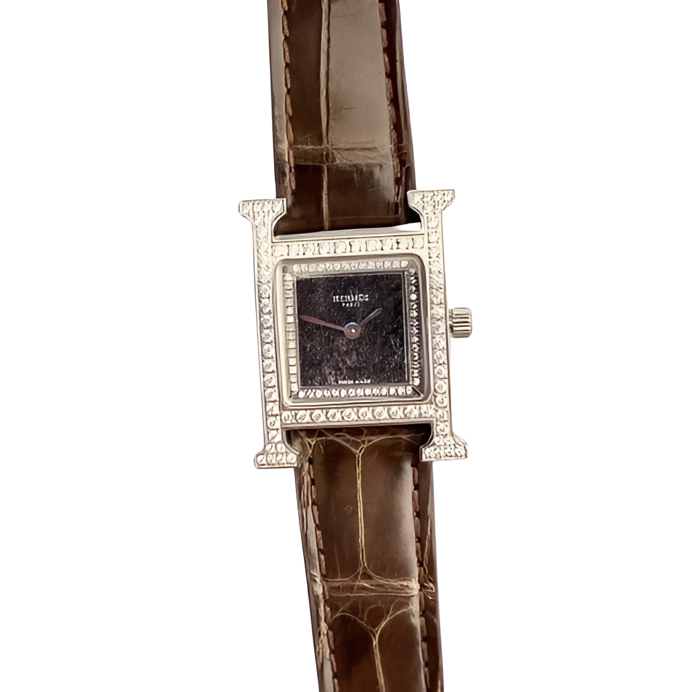 HERMÈS Brown Croc-Embossed Diamond Watch