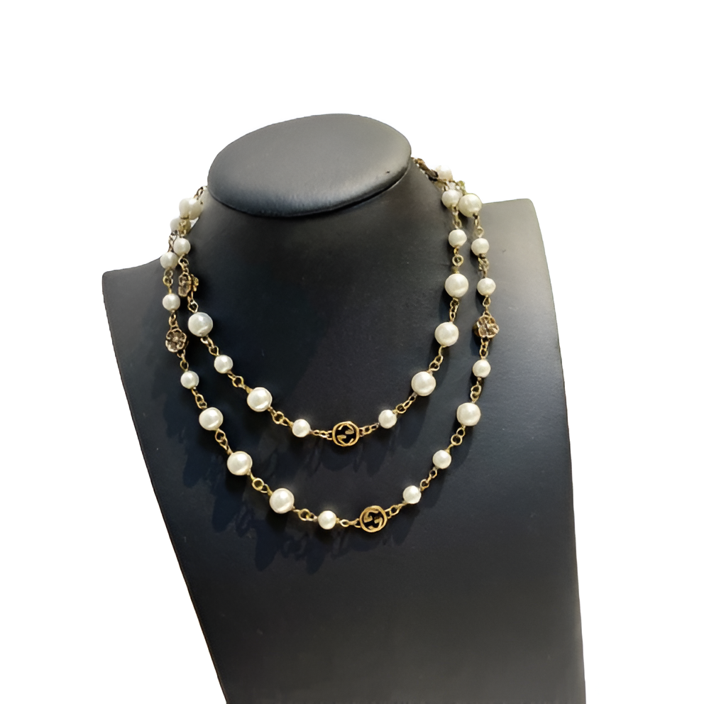 Gucci Pearl & Gold Logo Chain Necklace