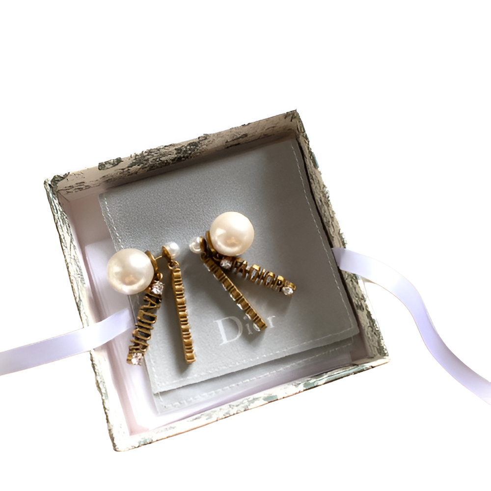 Dior Pearl & Gold Bar Drop Earrings