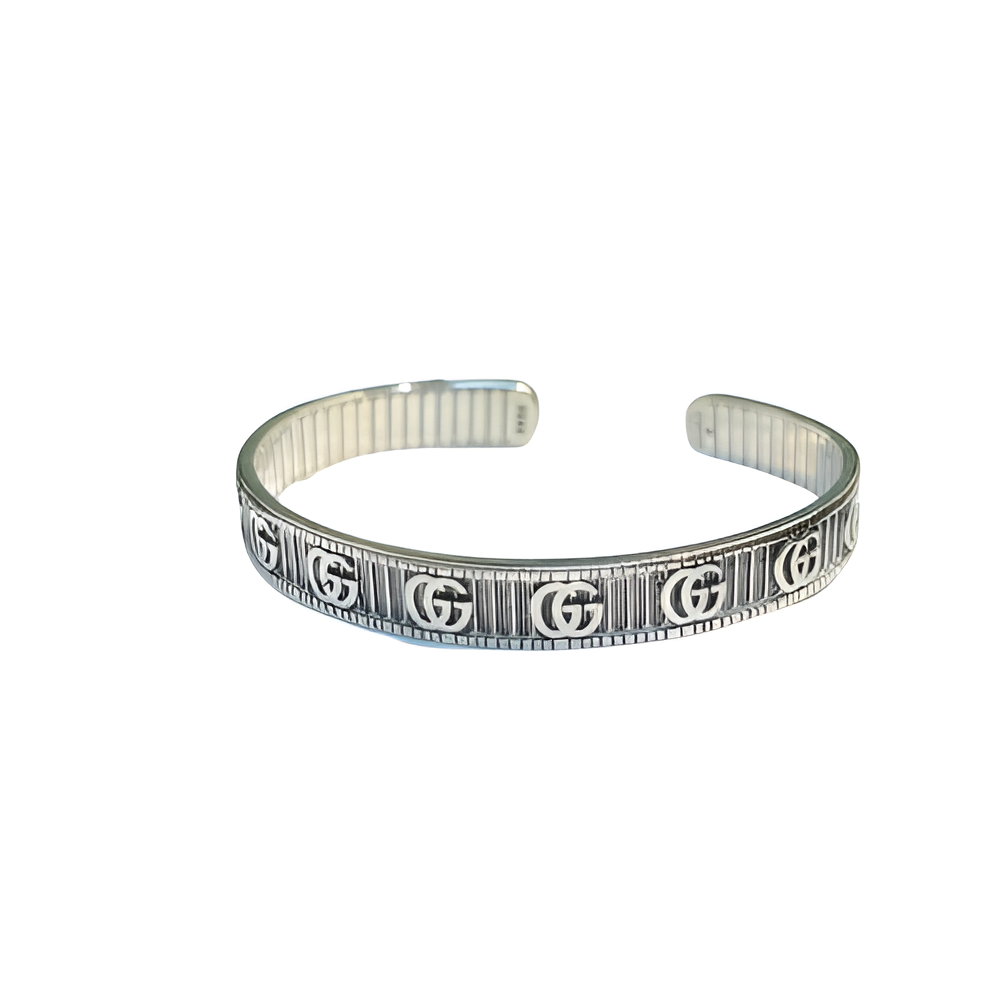 GUCCI Signature Engraved Silver Cuff Bracelet