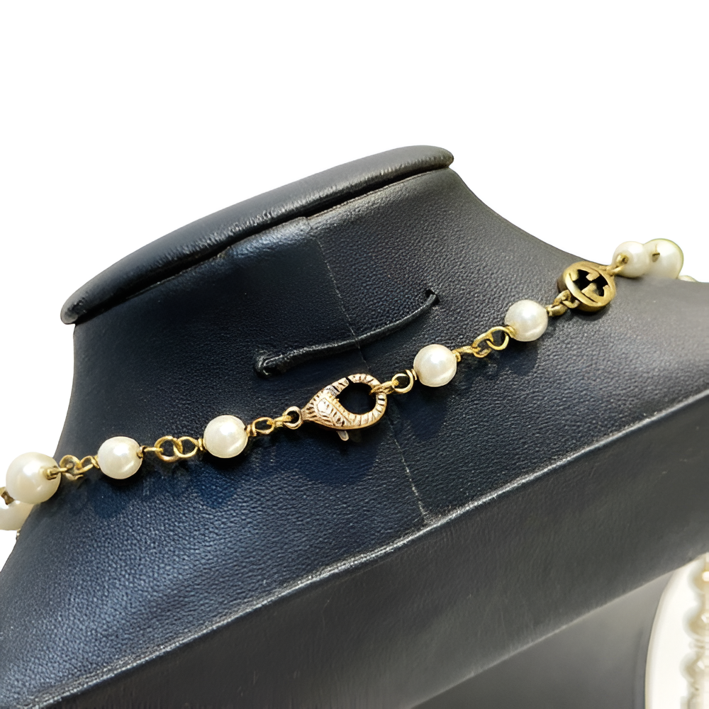 Gucci Pearl & Gold Logo Chain Necklace