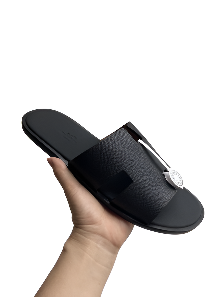 Hermes Men's Black Leather Slides
