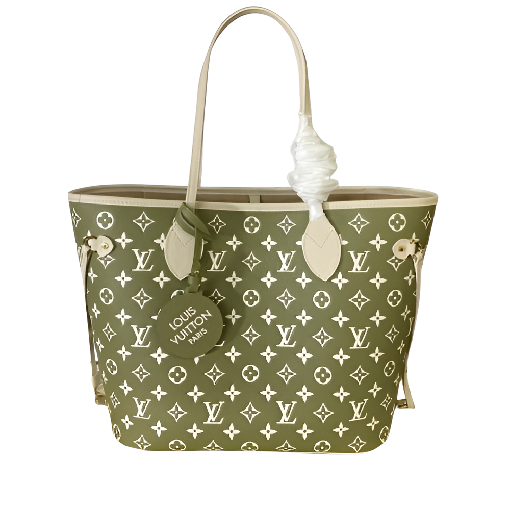 Louis Vuitton Neverfull MM tote bag in a vibrant olive green
