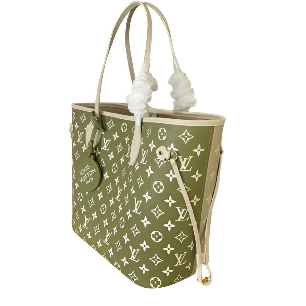 Louis Vuitton Neverfull MM tote bag in a vibrant olive green