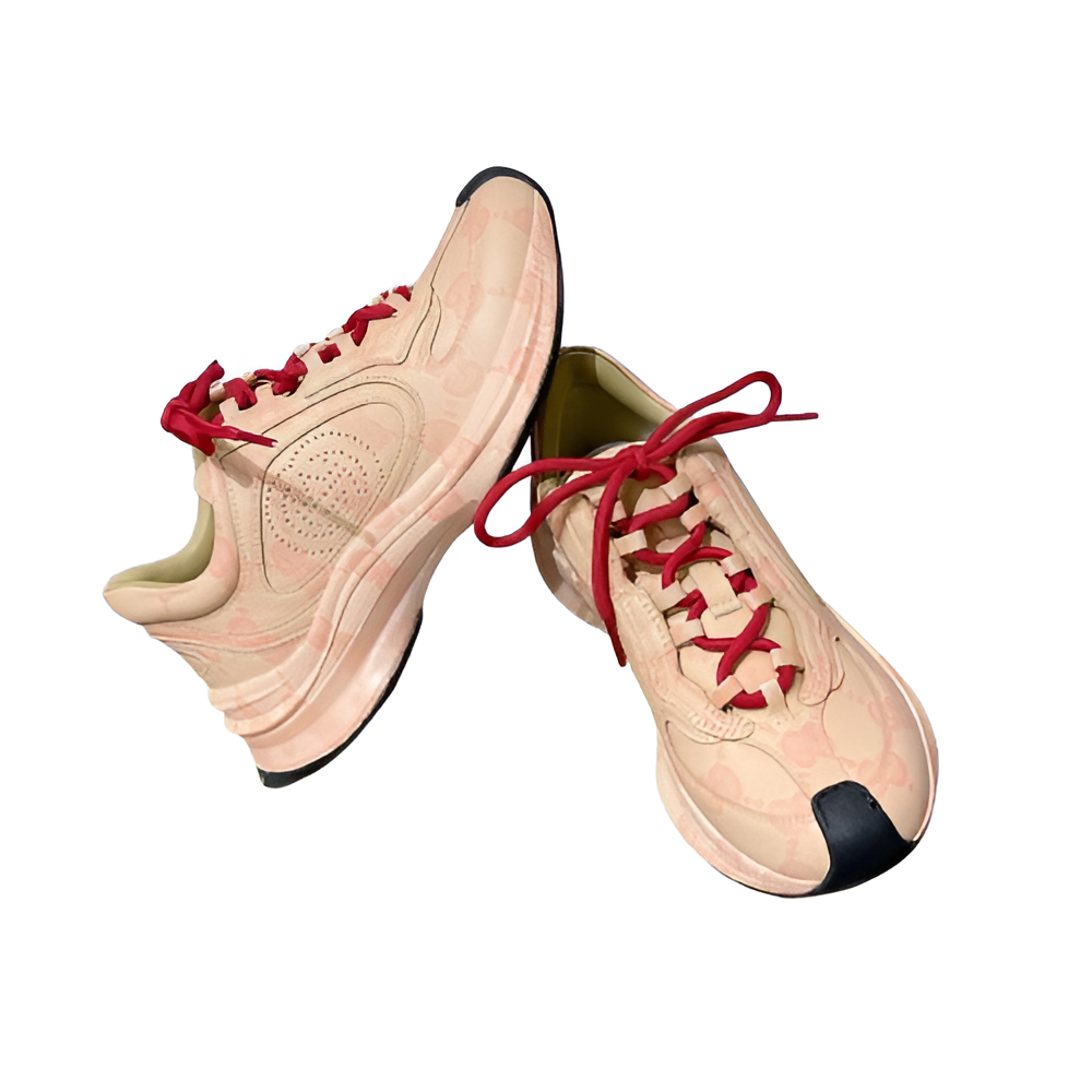 GUCCI Men's Peach Monogram Sneakers with Red Laces