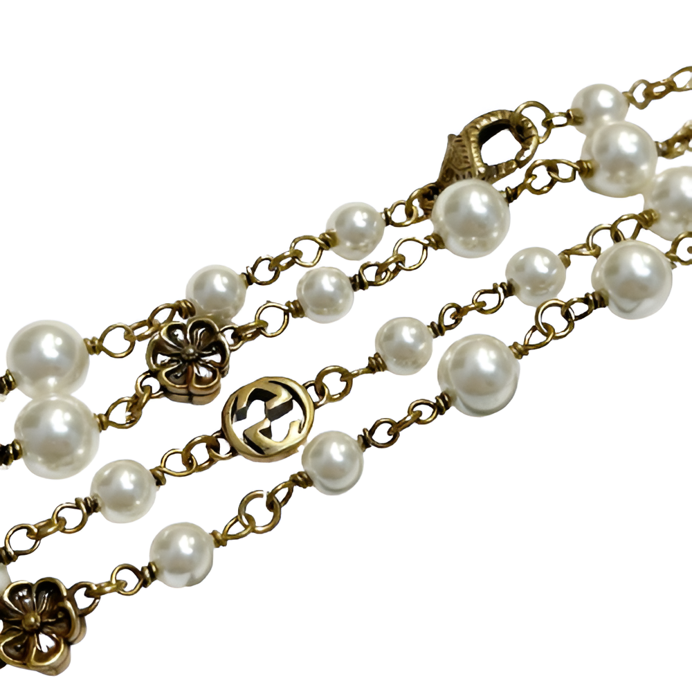 Gucci Pearl & Gold Logo Chain Necklace