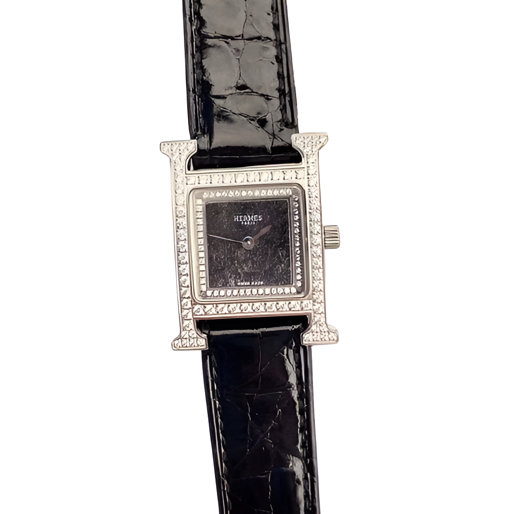 HERMÈS Brown Croc-Embossed Diamond Watch