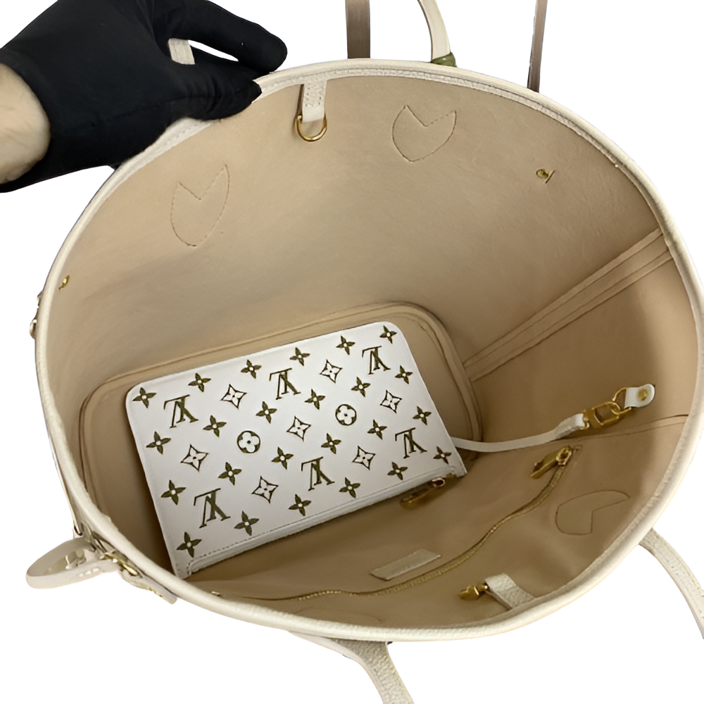 Louis Vuitton Neverfull MM tote bag in a vibrant olive green
