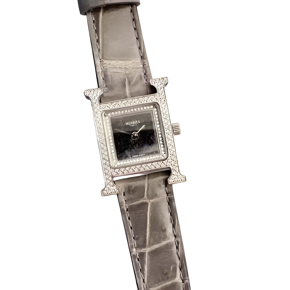 HERMÈS Brown Croc-Embossed Diamond Watch