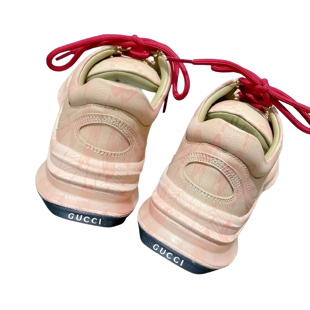 GUCCI Men's Peach Monogram Sneakers with Red Laces