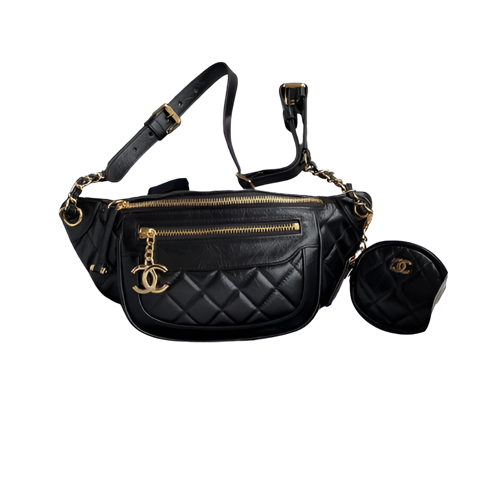 Chanel-Inspired Black Quilted Belt Bag with Mini Pouch