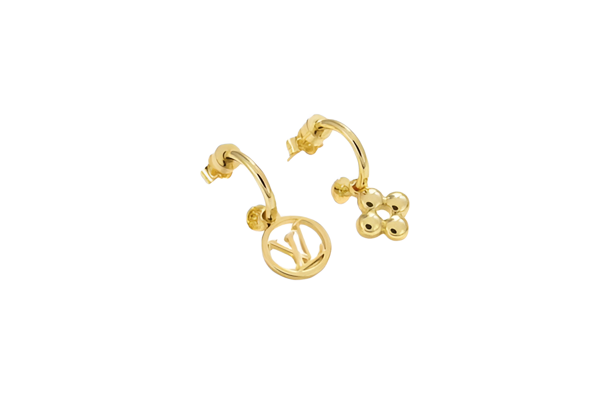 LV Monogram & Flower Drop Earrings - Gold