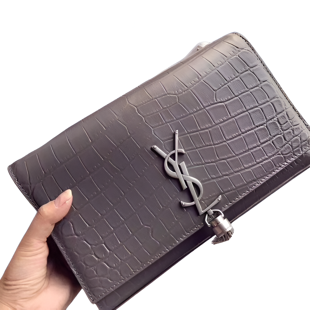 YSL Croc-Embossed Leather Bag with Silver Monogram