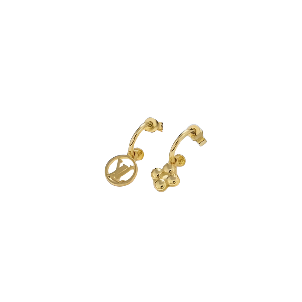 LV Monogram & Flower Drop Earrings - Gold