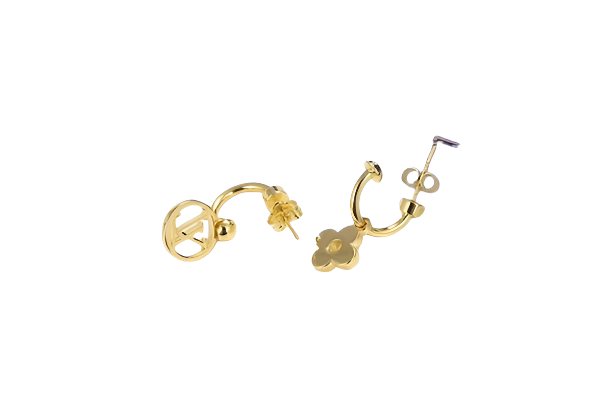 LV Monogram & Flower Drop Earrings - Gold