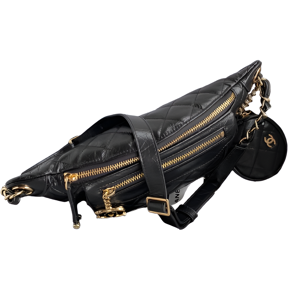 Chanel-Inspired Black Quilted Belt Bag with Mini Pouch