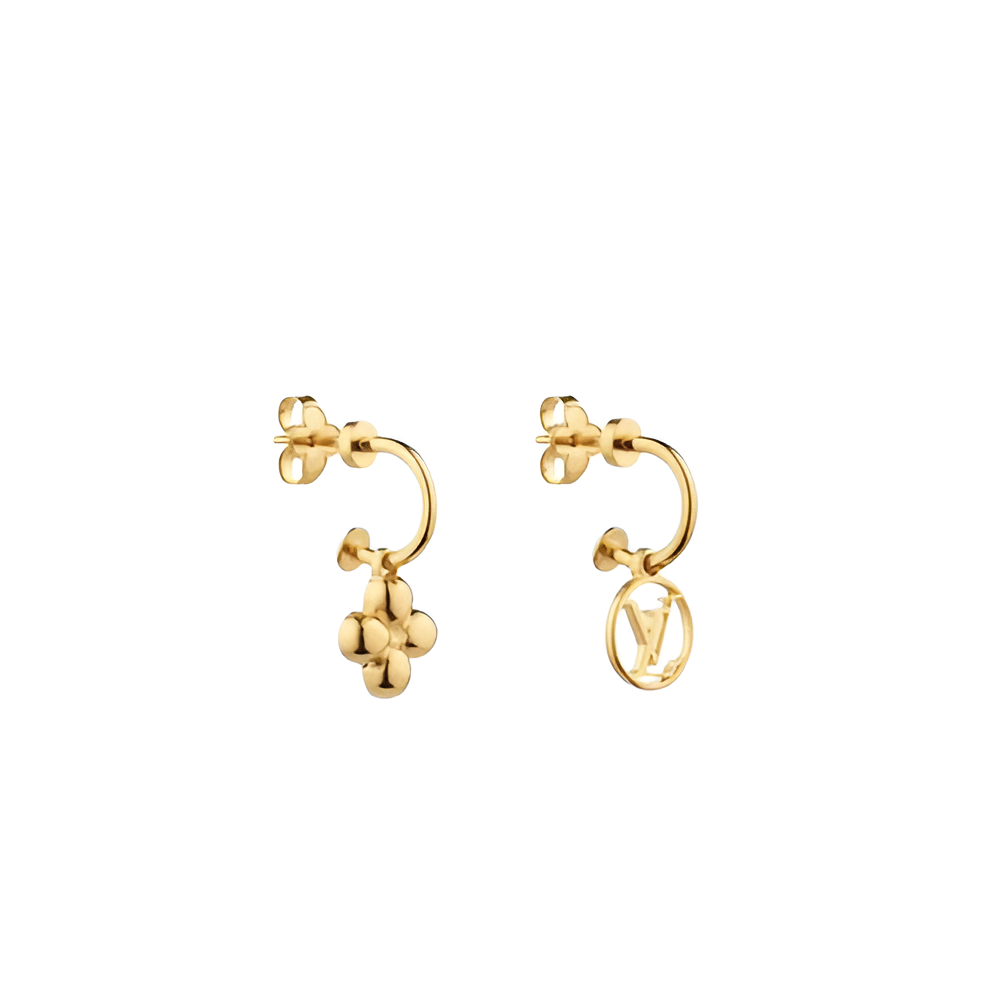 LV Monogram & Flower Drop Earrings - Gold