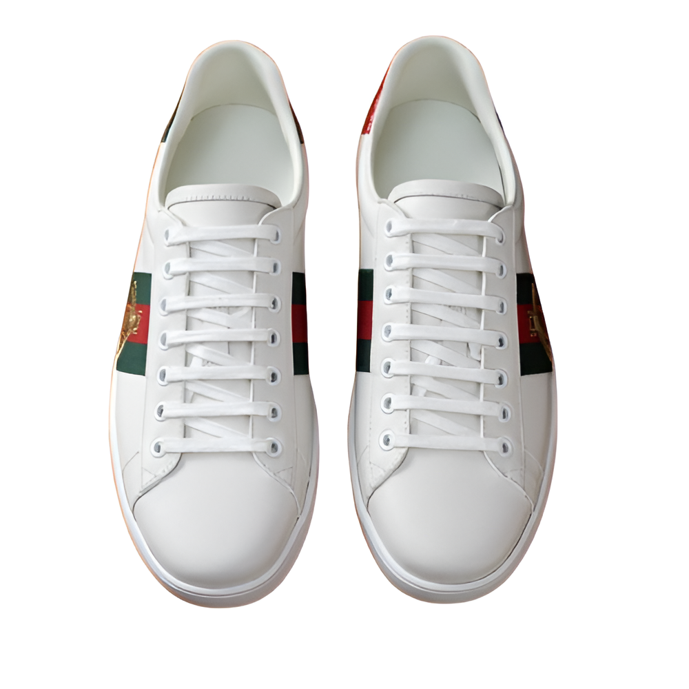GUCCI Men's White Leather Sneakers with Web & Bee