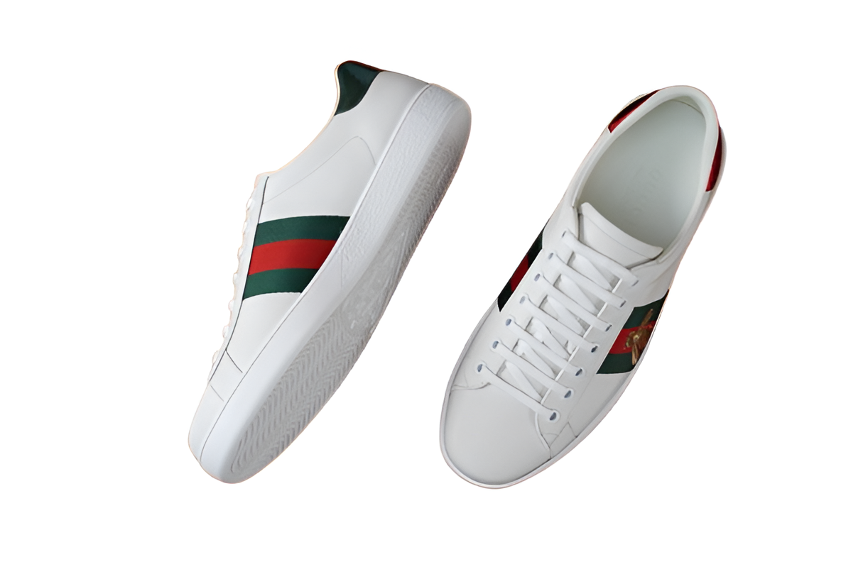 GUCCI Men's White Leather Sneakers with Web & Bee