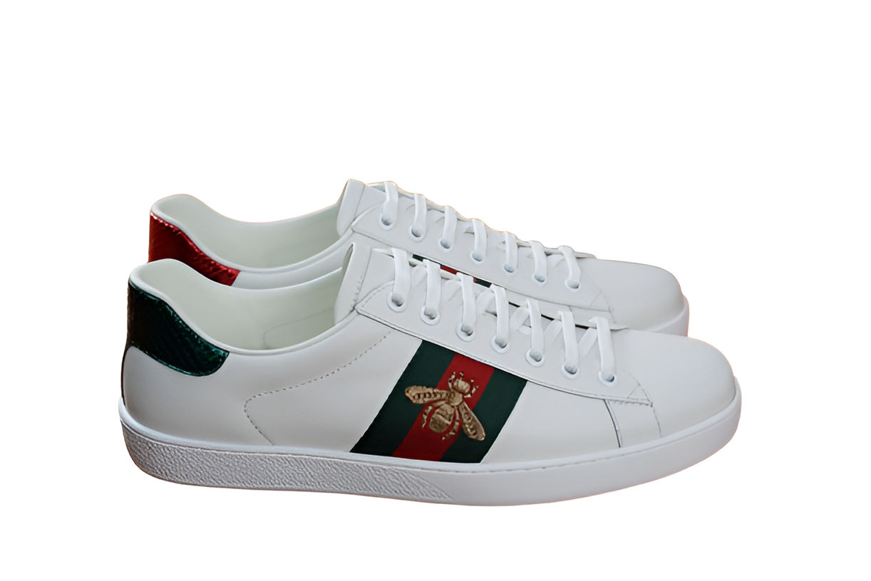 GUCCI Men's White Leather Sneakers with Web & Bee