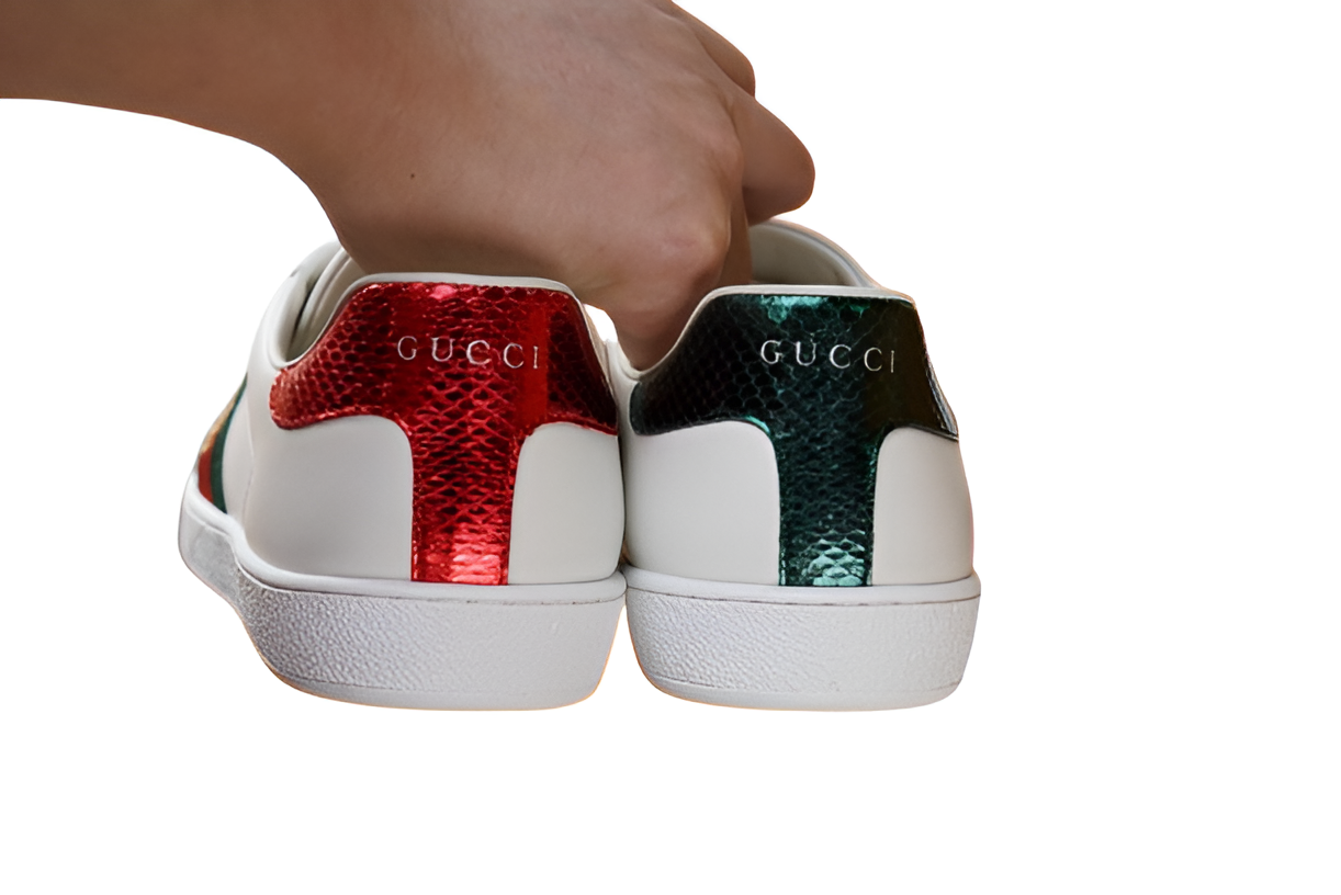 GUCCI Men's White Leather Sneakers with Web & Bee