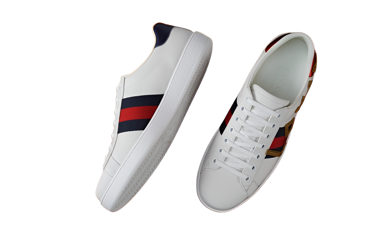 GUCCI Men's White Leather Sneakers with Gold Detail and Web Stripe