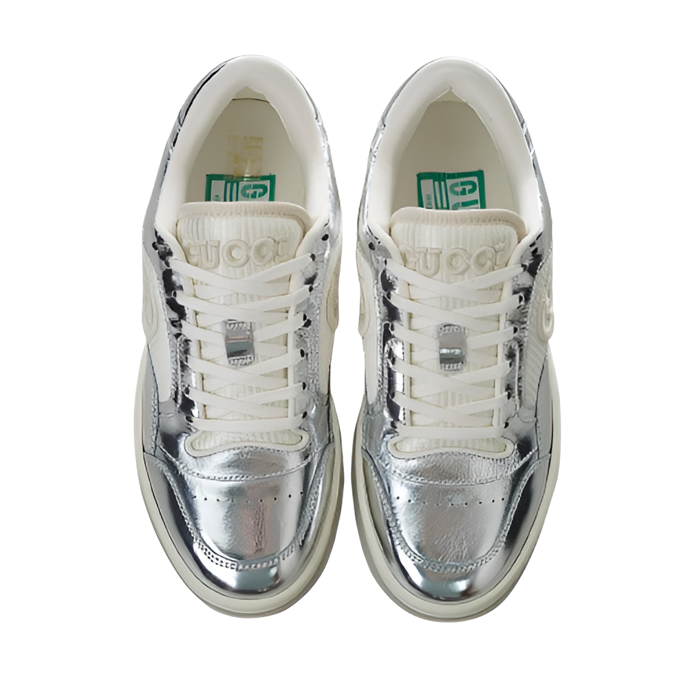 GUCCI Women's Metallic Silver Sneakers with Embossed Logo