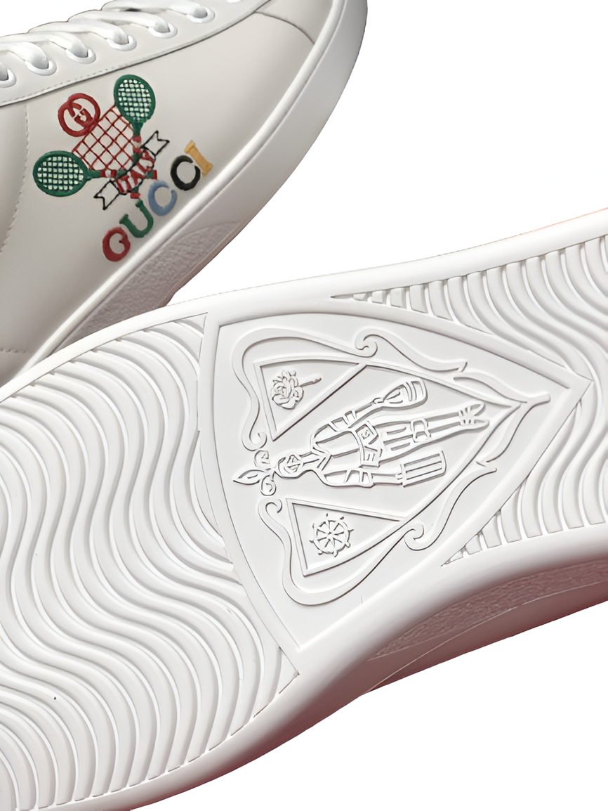 GUCCI Men's White Leather Sneakers with Embroidered Motif